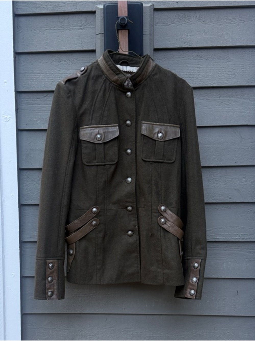 Military-Style Olive Green Button wool and leather Jacket by My Tribe size Large